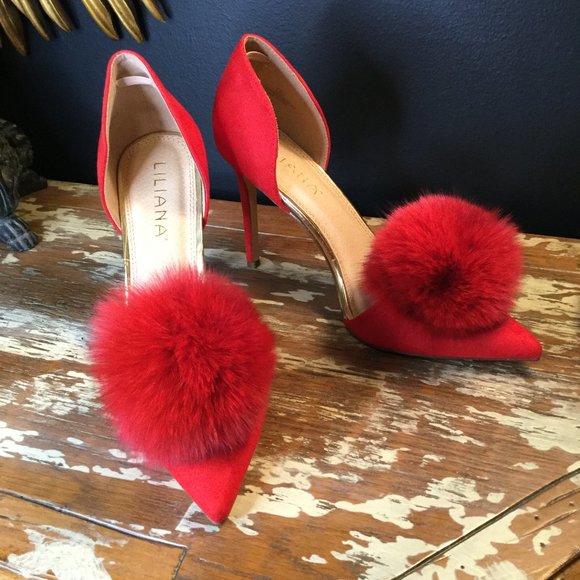 Liliana stiletto pointy toe suede pom pom heels - Picture 1 of 11